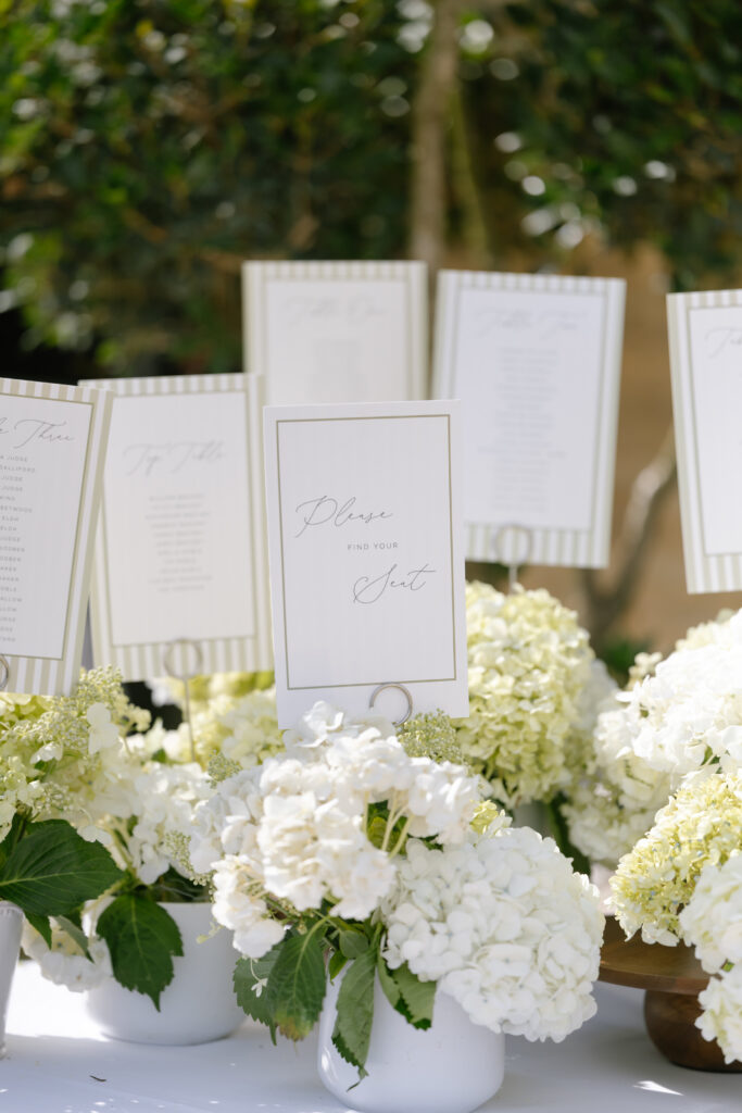 A display of white hydrangeas with multiple cards on stands showing seating arrangements. The central card reads, Please find your seat. Green foliage is blurred in the background.