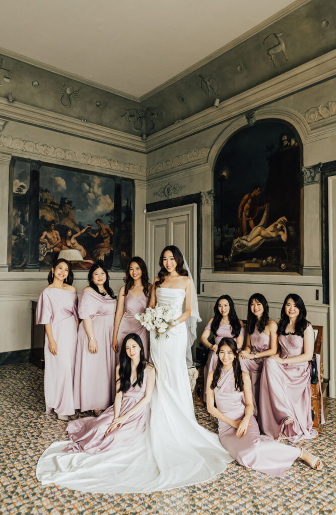 Bride and bridesmaids in Villa Astor Sorrento Italy Amalfi coast wearing lilac dresses