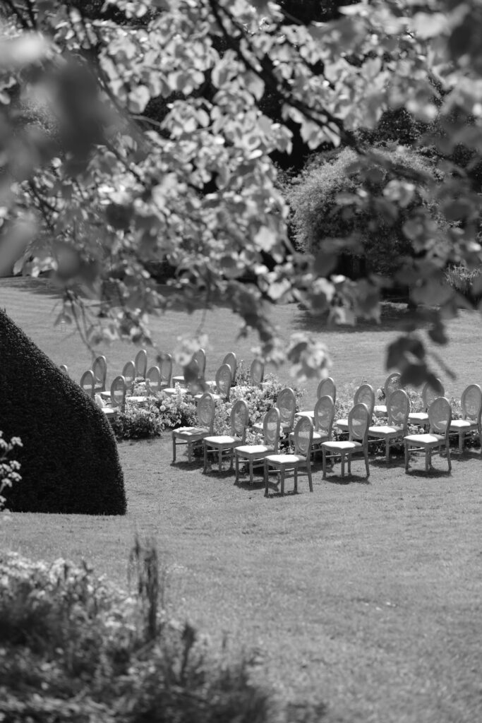 wedding chairs on lawn at Cornwell Manor