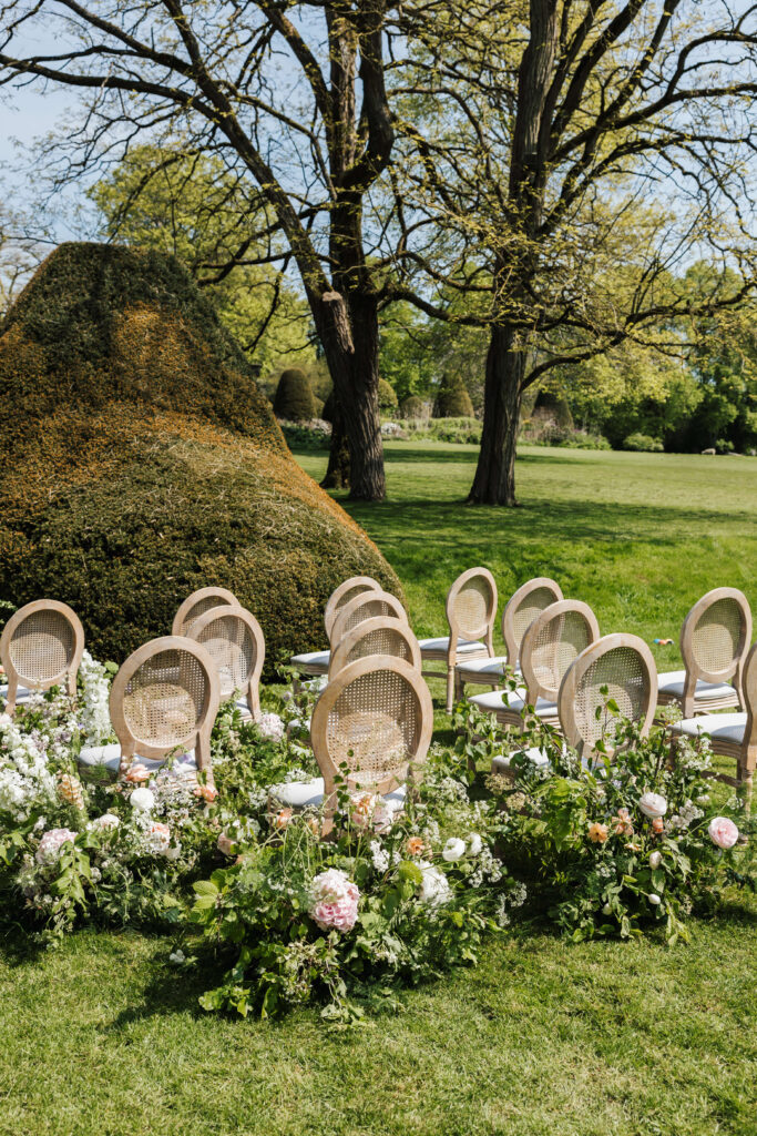 wedding chairs on lawn at Cornwell Manor