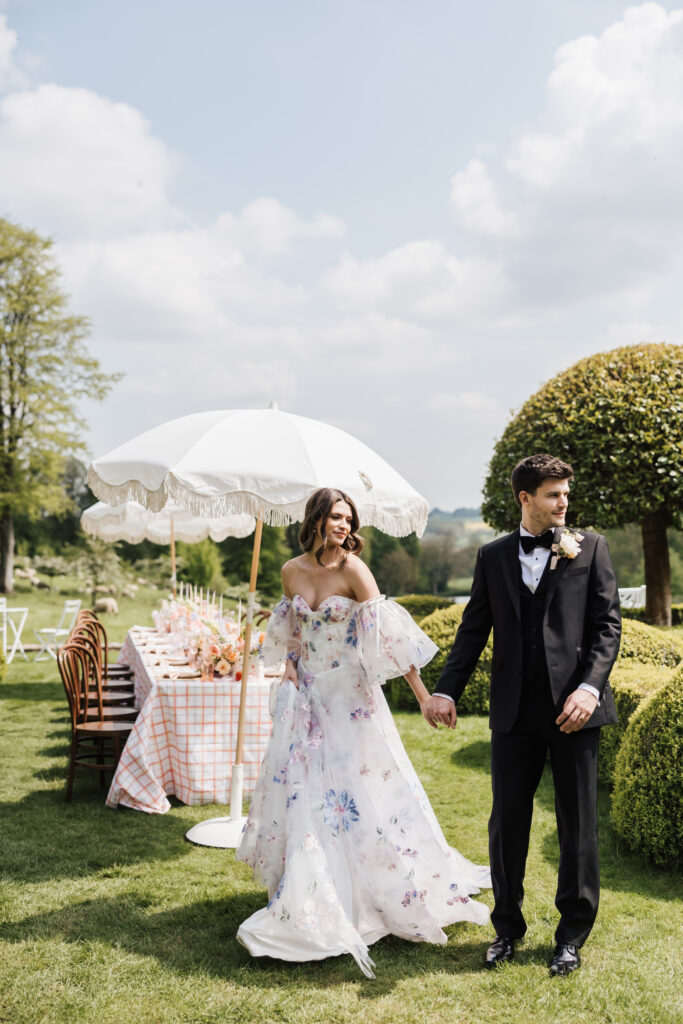 bride and groom walking together