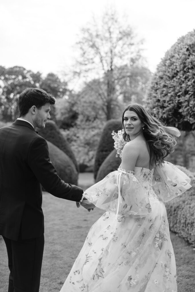 bride and groom walking together