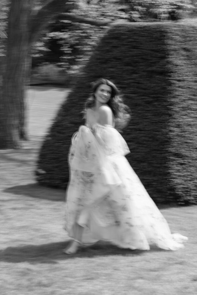 motion blur photo of bride running