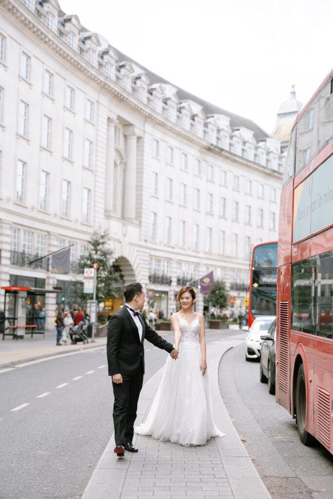 bride and groom at Regent street in London