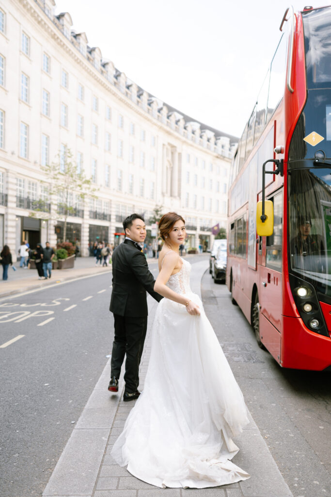 bride and groom at Regent street in London