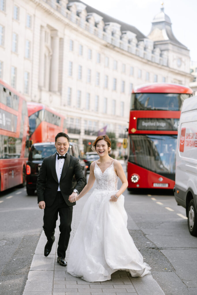 bride and groom at Regent street in London