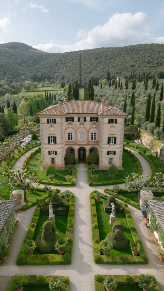 Villa Cetinale drone shot showing gardens