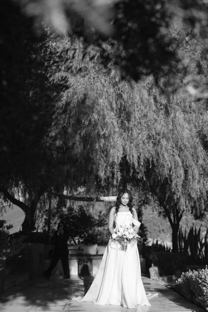 A bride in a flowing white dress stands outdoors beneath tall, leafy trees, holding a bouquet and looking ahead. Sunlight filters through the branches, casting dappled shadows on the scene.
