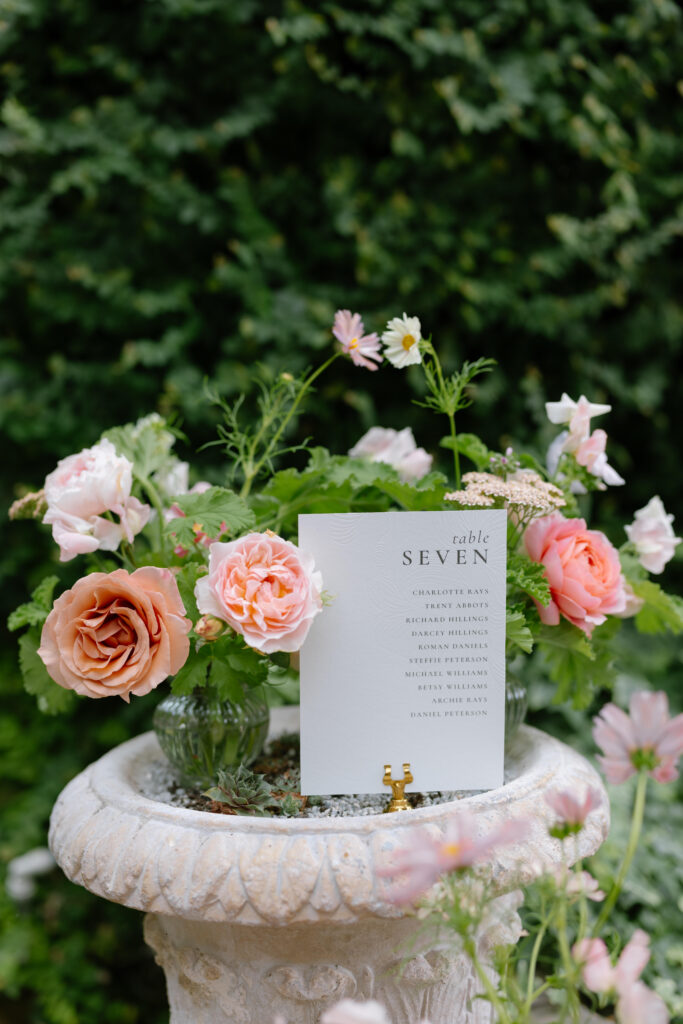 A wedding table card labeled Table Seven with a guest list stands among peach and pink roses in a stone birdbath, surrounded by greenery and delicate flowers.
