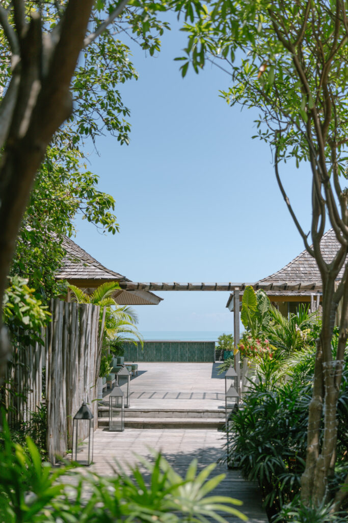 A wooden pathway lined with lush green plants leads between two wooden structures toward a clear blue sky and ocean view in the distance, framed by leafy trees.