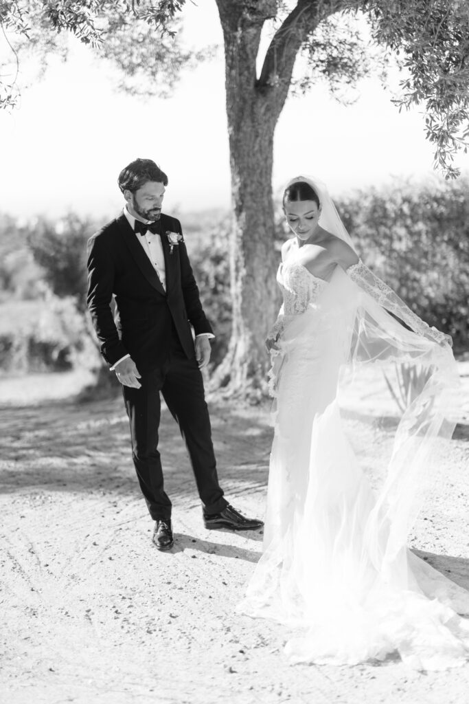A groom in a black suit and bow tie smiles as he looks at his bride, who is wearing a strapless white wedding gown and veil, standing outdoors under a tree in a sunlit setting.