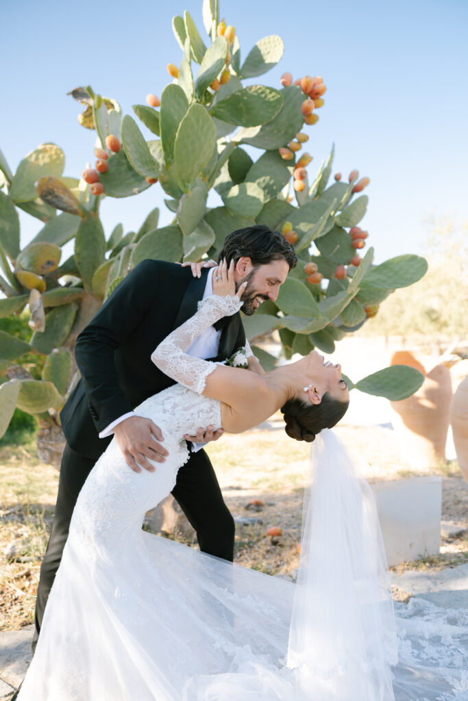 A groom in a black tuxedo dips his bride, who is wearing a long white lace gown and veil, in front of a large prickly pear cactus on a sunny day. Both appear joyful and affectionate.