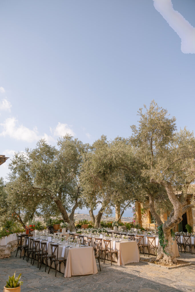 Outdoor dining area set with long tables and chairs under olive trees, decorated for an event or celebration. The scene is sunlit with clear skies, creating a peaceful, elegant atmosphere on a stone patio.