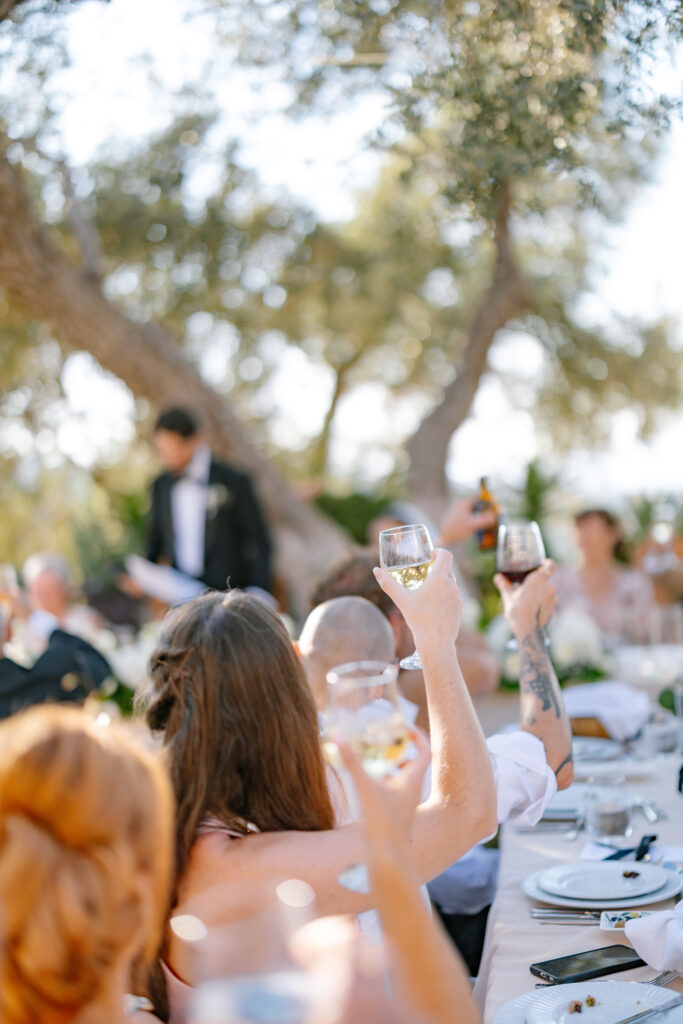 Guests seated outdoors at a long table raise glasses in a toast, with a blurred speaker in a suit standing in the background near trees, creating a festive and celebratory atmosphere.