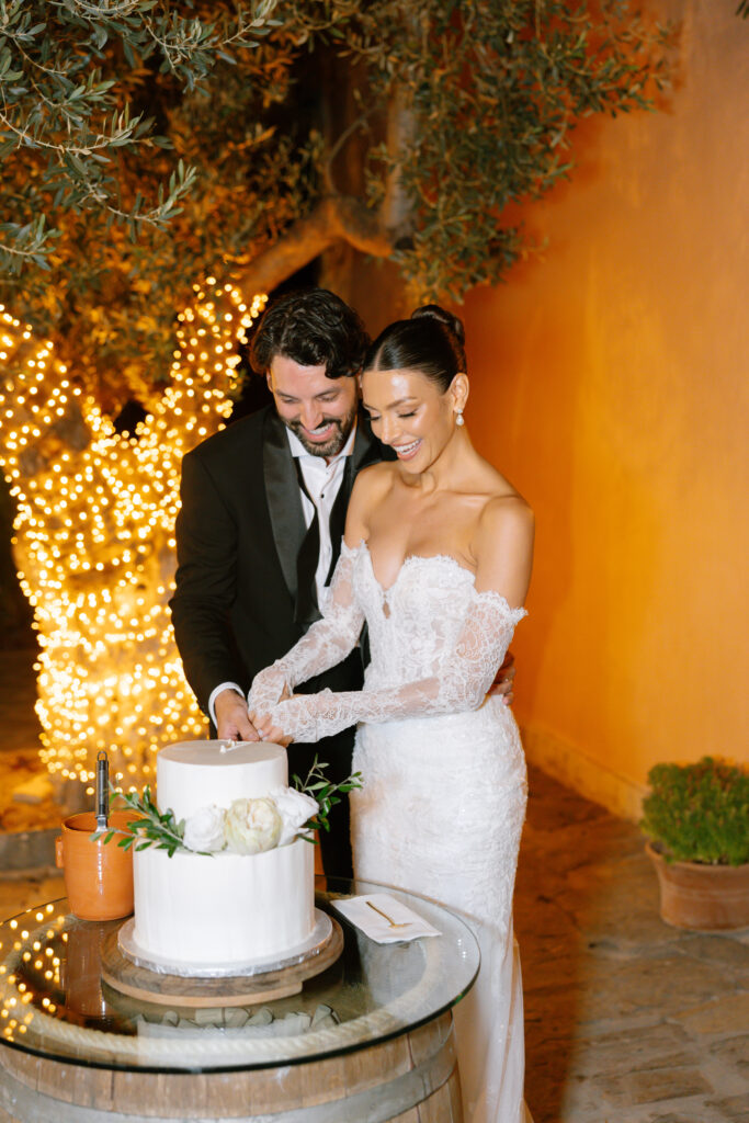 A bride and groom, dressed in formal wedding attire, smile as they cut a white wedding cake together. The scene is warmly lit, with fairy lights wrapped around a tree in the background.