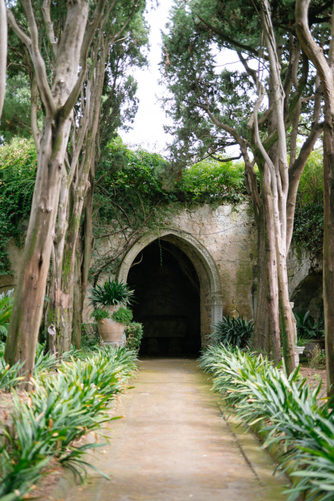 A stone pathway lined with lush green plants and tall trees leads to a gothic-style stone archway, surrounded by ivy and dense foliage.