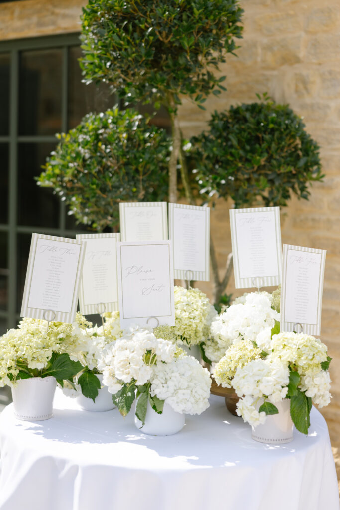 A round table with white hydrangea arrangements and several cards displaying guest seating assignments, set outdoors near greenery and a stone wall.